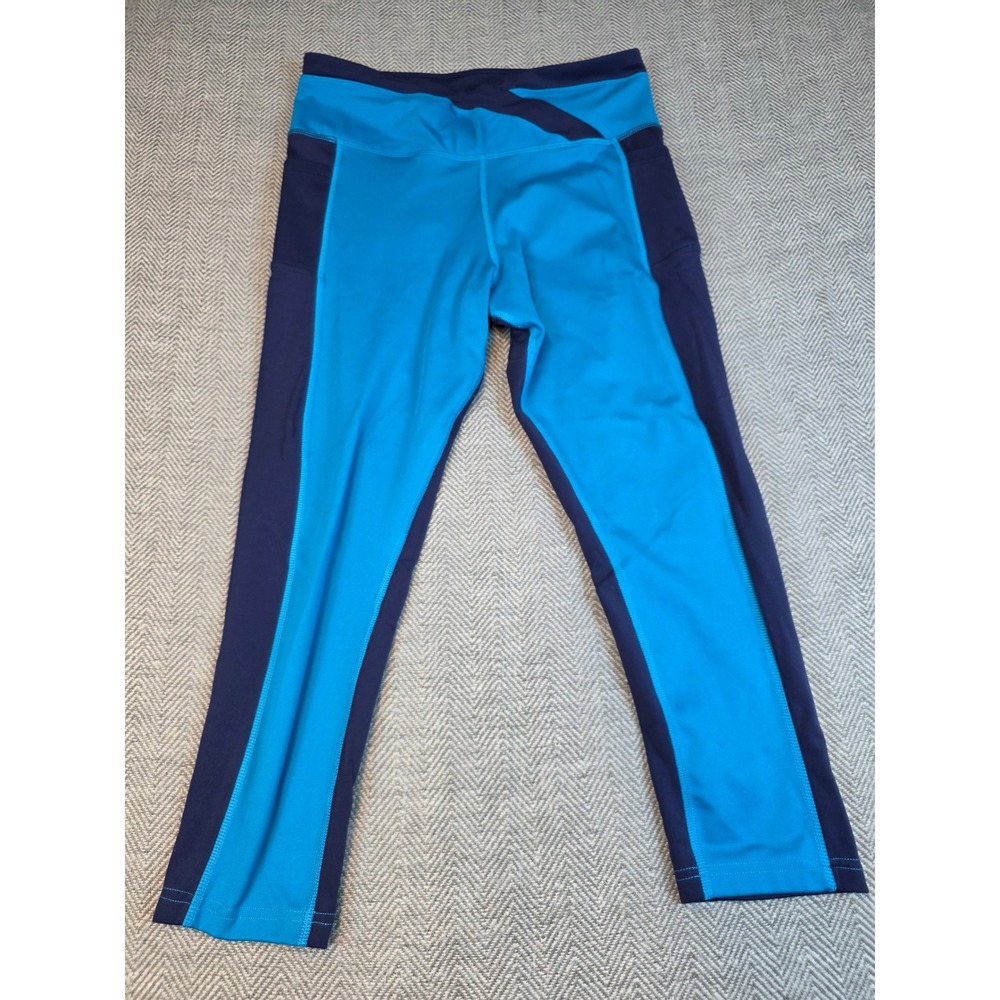 Avia Women Blue Colorblock Cropped Leggings Crossover Waist Pockets Size L 12-14
